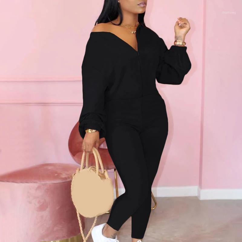 

Newly Solid Zip Up Round Neck Long Sleeve Jumpsuit for Women Oblique Collar Casual Fashion Body Suit BN991, Black