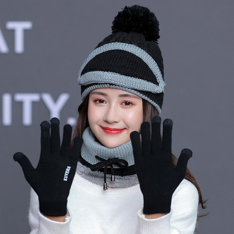 

4PCS Women Winter Neck Warm Scarf Set Hat Knit Touch Screen Mittens Winter Warm Suit, Style 2