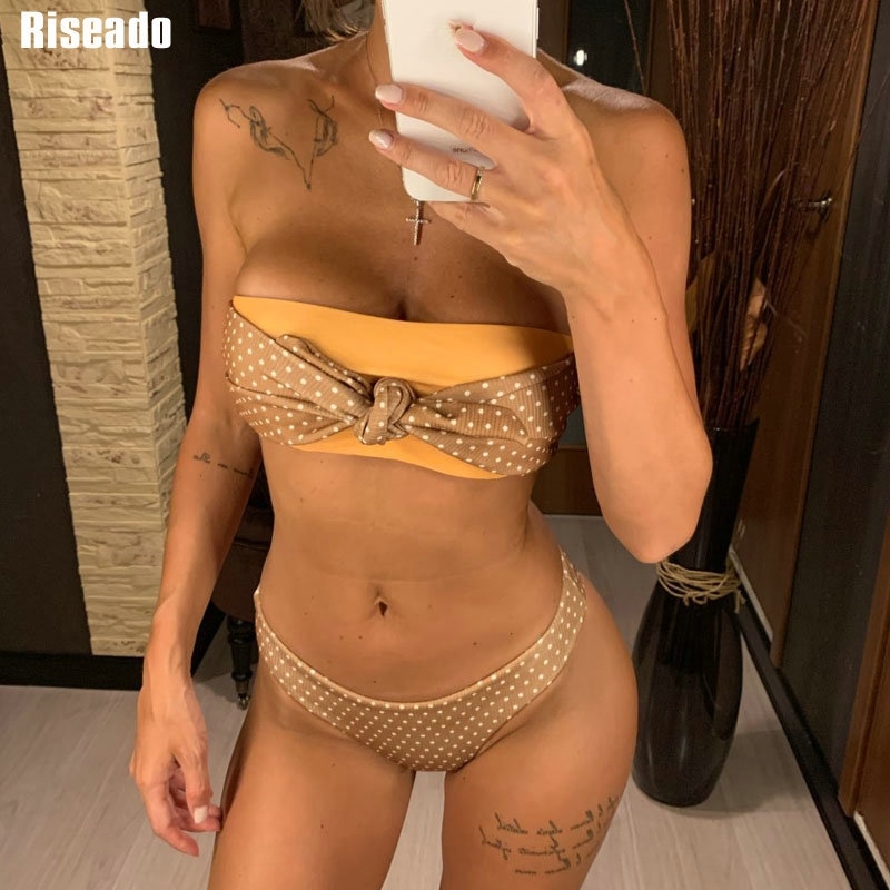 

Riseado Sexy Bandeau Swimwear Women Dot Print Bikinis Set Knotted Swimsuits Female biquini Summer Beach Wear Bathers Y200319, Brown