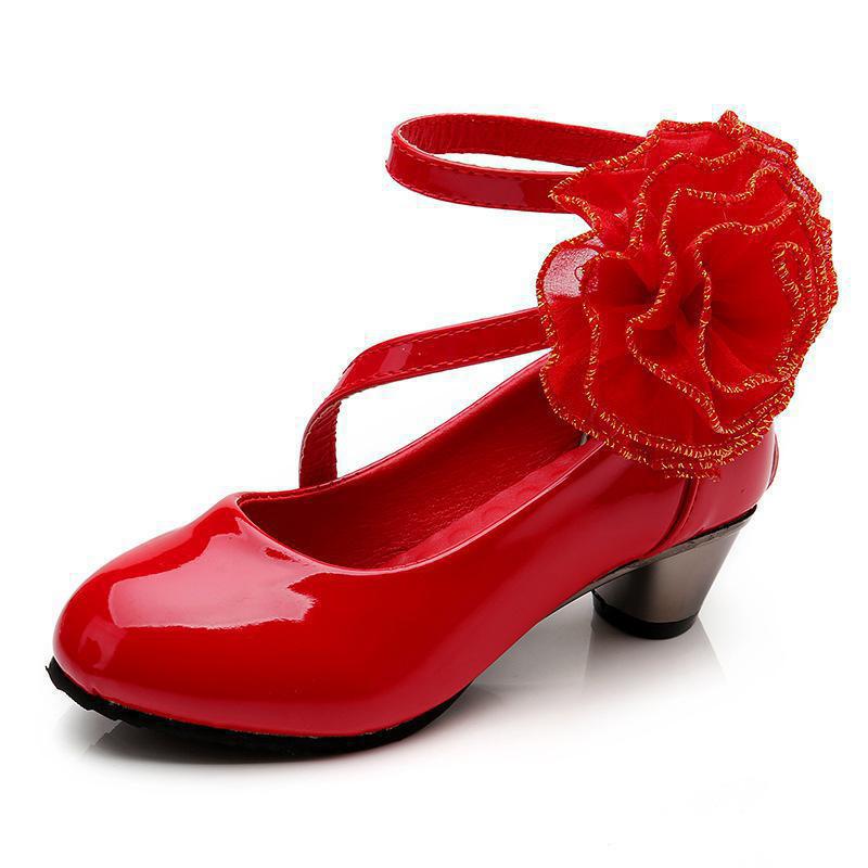 

Flat Shoes Flower Girls Leather Children Red Princess Sandals Fashion High Heels Wedding Dress Party Kids Summer Student, Pink