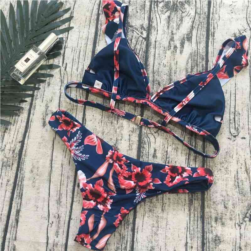 

women two pieces bikini set floral push-up padded bra ruffles bandage triangle swimsuit triangle swimwear bathing suit beachwear, White;black