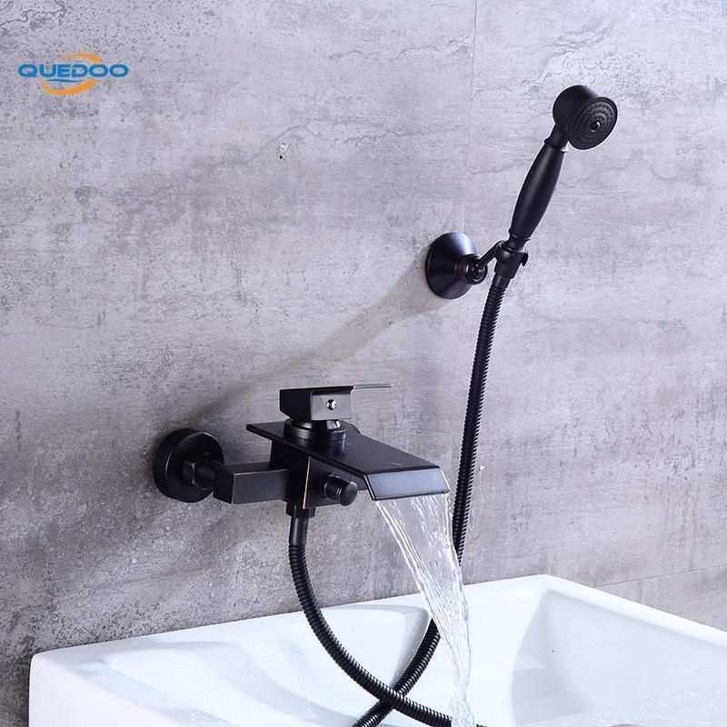 

Shower Faucets Square Wall Mounted Waterfall Spout Bathroom Bath Handheld Shower Set Tap Mixer Bathtub ORB Faucet1