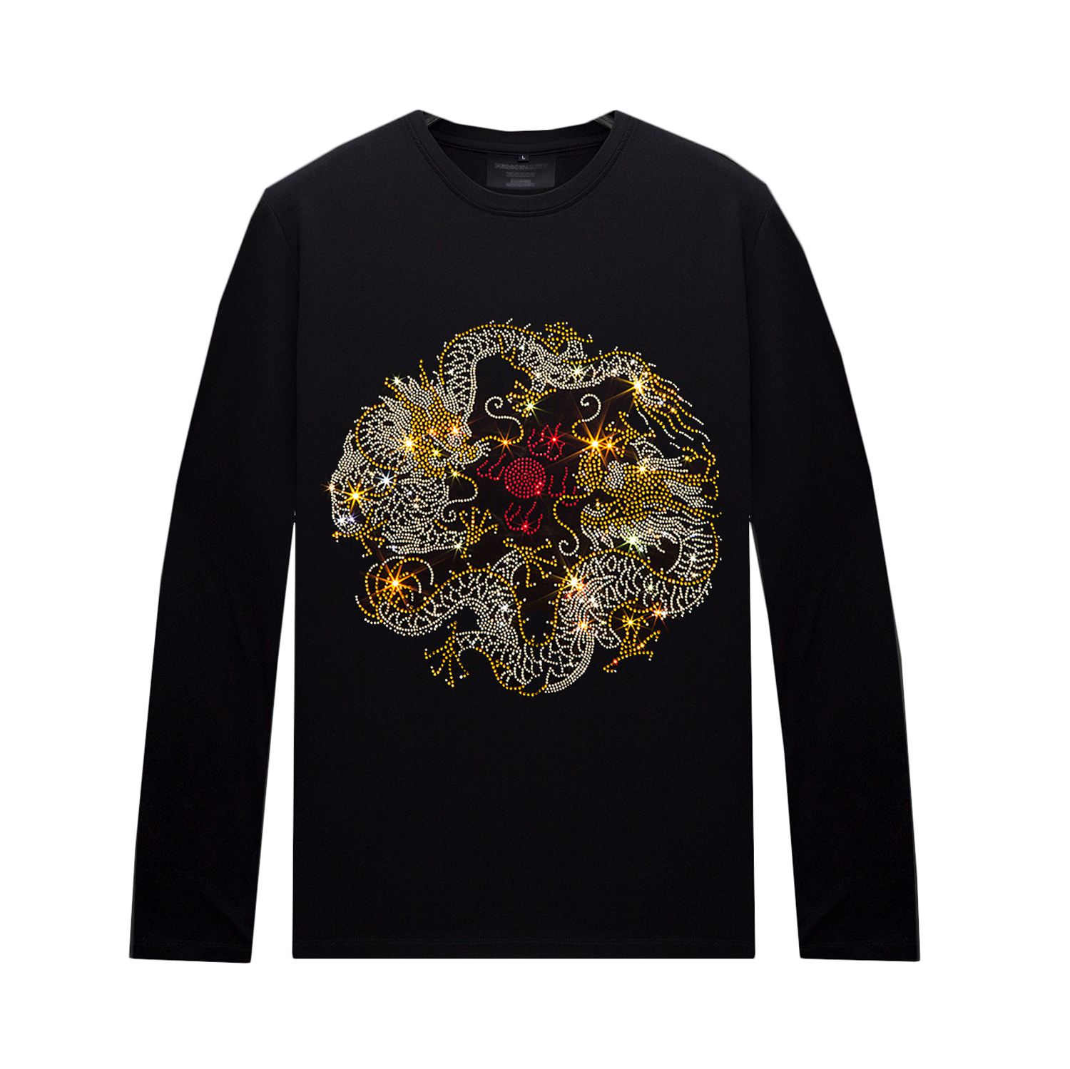 

Casual Black T Shirt with Rhinestone Designs Long Sleeves for Men Women - Spring Autumn Crew Neck Tops Streetwear Shirts Unisex, 108