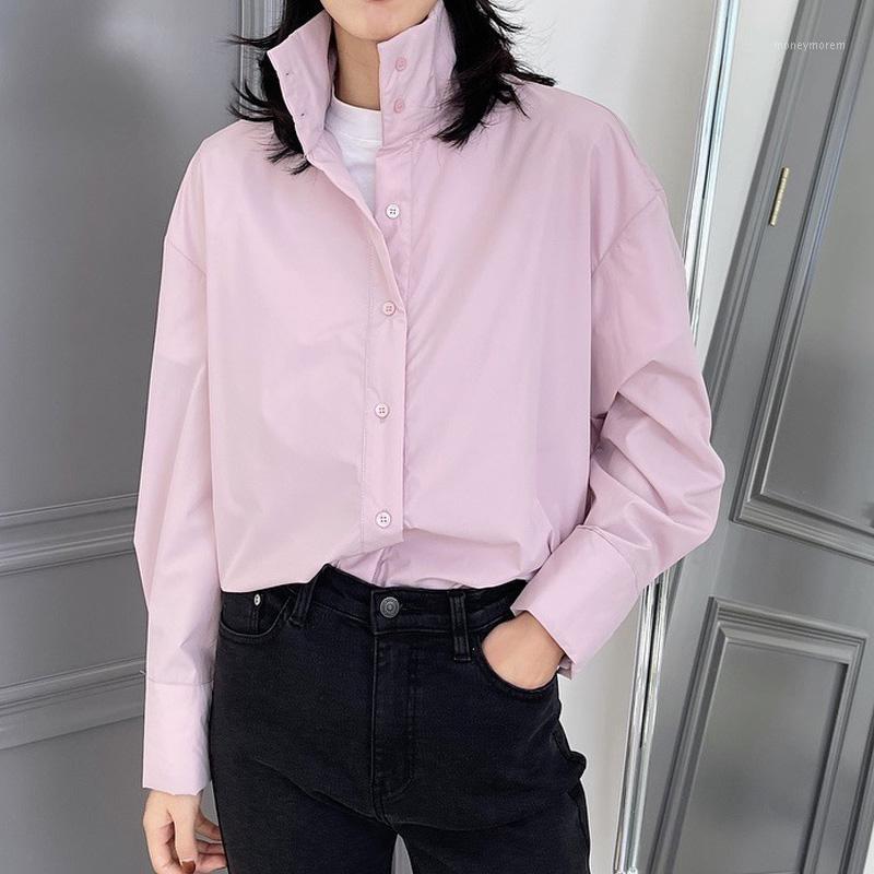 

Spring and autumn women's casual solid color high neck long sleeve loose shirt1, Pink