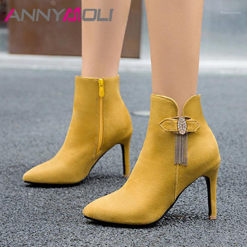 

ANNYMOLI Pointed Toe Ankle Boots Extreme High Heel Woman Boots Zipper Thin Heel Shoes Buckle Fringe Female Short Yellow 461, Black