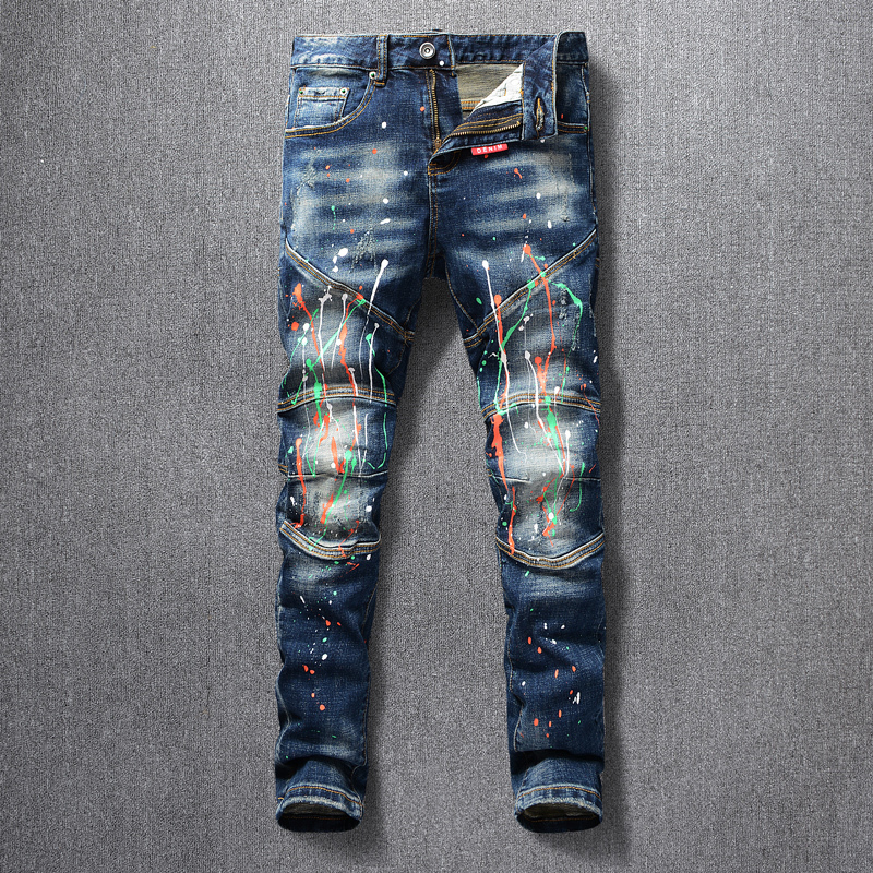 

2021 New American Streetwear Fashion Men Retro Blue Washed Slim Fit Paint Designer Hip Hop Pants Spliced Elastic Biker Jeans Homme Ppsl