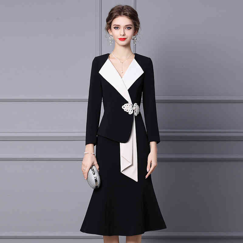 

Casual Dresses Zhili women' dress spring Chinese style coil Buckle Black Medium Length slim fishtail skirt FMA4