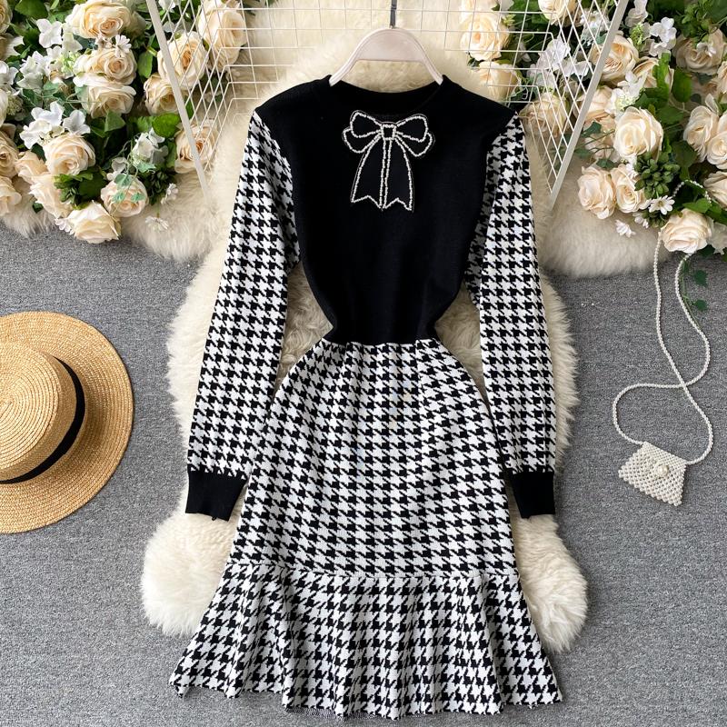 

Korean 2020 New Knitted Dress Women Fashion Round Neck Bow Splicing Contrast A-line Long Sleeve Elegant Vestidos De Mujer J62, Black