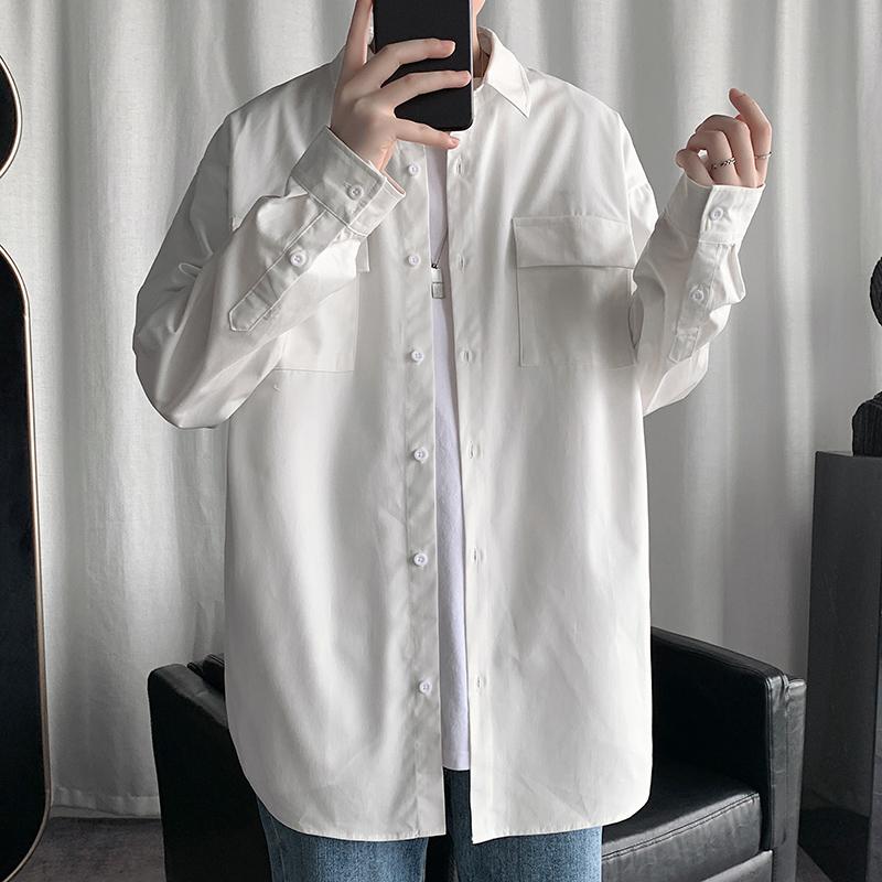 

Plus Size 5XL-M Cotton Shirt Men Fashion 2020 Front Double Pockets Men Casual Shirts Long Sleeve Loose Women Shirts Streetwear, Black
