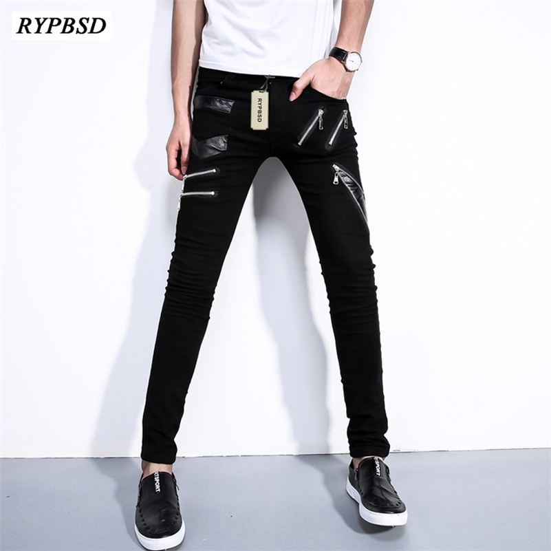 

Spring Autumn Fashion Zipper Design Leather Patchwork Pants Men Hip Hop Sportswear Pants Slim Fit White Skinny Trousers Men 201128, Black