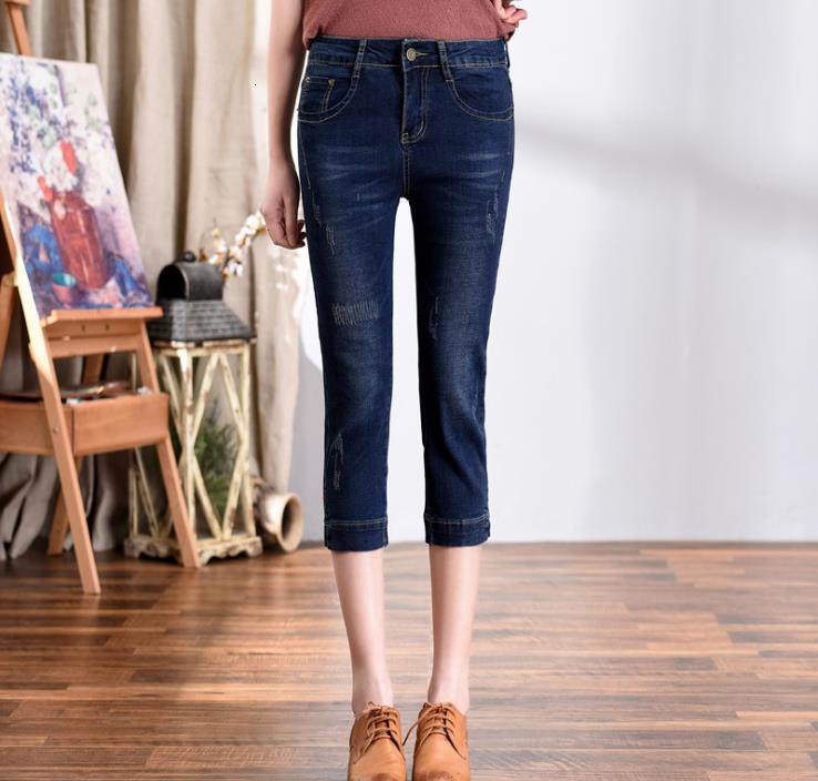 

Women New High-waist Jeans Summer Size Was Thin Calf Slash-pants Length 6mf7, Blue