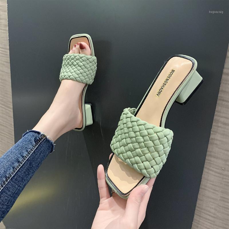 

Woven PU Square Toe High Heel Slippers Summer Shoes Women Fashion Chunky Heel Open Toe Slides Women Outdoor Sandals 20201, Beige