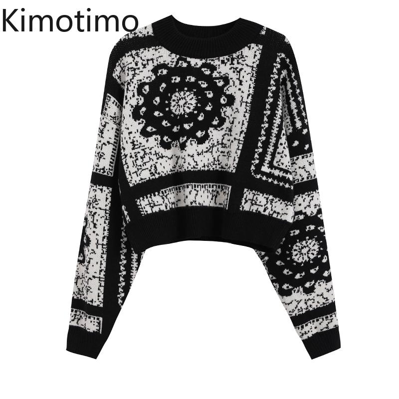 

Kimotimo Vintage Short Sweater 2020 Autumn Winter Pullover O-neck Jacquard Elegant Knit Sweater Loose Casual Korean Top Outwear, Photo