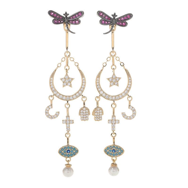 

S925 Paved Cubic Zirconia Stones Cross Dangle Earring Blue Eyes New Moon Dangle Dragonfly for Women Party Jewelry