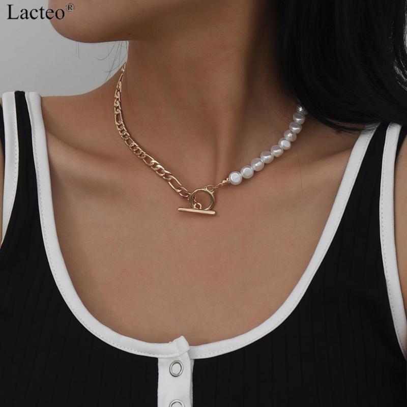 

Bohemian Imitation Pearl Metal Chain Choker Necklace Jewelry for Women Circle Stick Button Statement Pendant Necklace