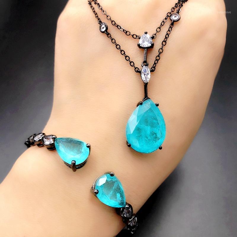 

Blue big water drop Jewelry Sets For Women Fusion stone unique pendant necklace Geometric zircon Adjustable Bracelet Bangles set1, As pic