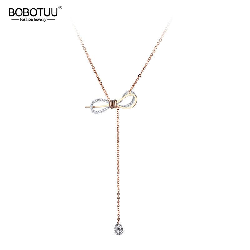 

BOBOTUU Trendy CZ Crystal Three-dimensional Bowknot Necklace Stainless Steel Wedding Neckalce Jewelry For Women Gifts BN19037, Silver