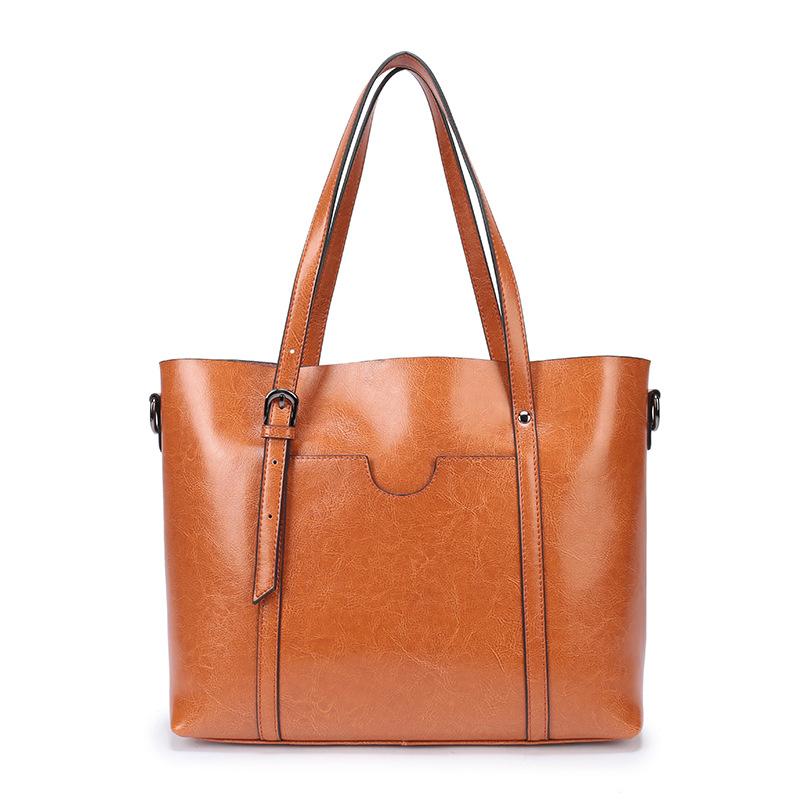 

High quality 2021 new oil wax leather leather women's bag one shoulder cowhide large capacity retro all-match crossbody handbag, Black