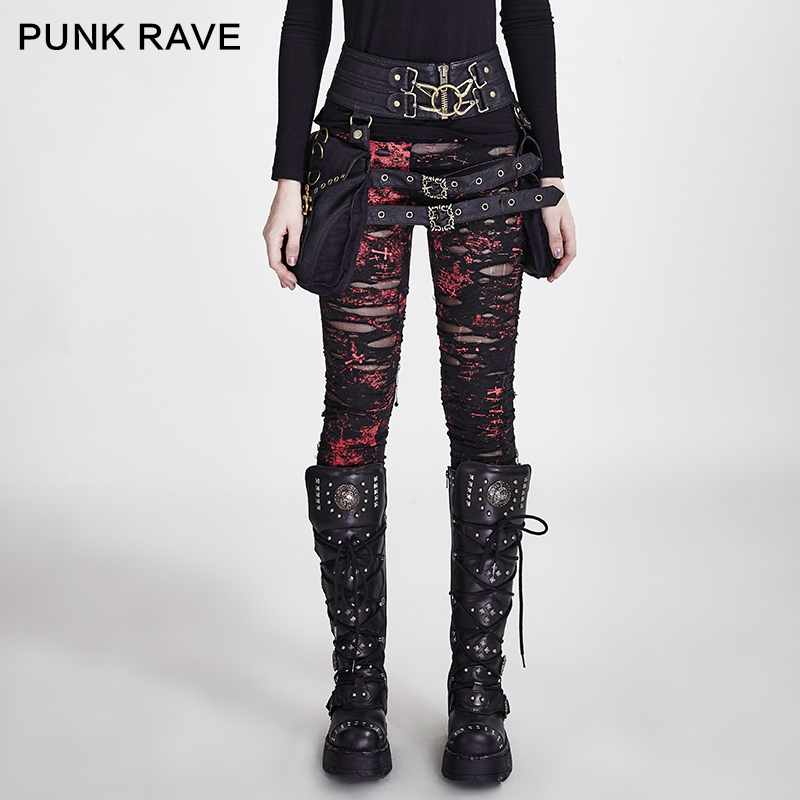 PUNK RAVE Gothic Women Broken Mesh Leggings High Elastic Holes Crocheted Breathable Ripped Pants Black Red Steampunk Charm Sexy 201202Z