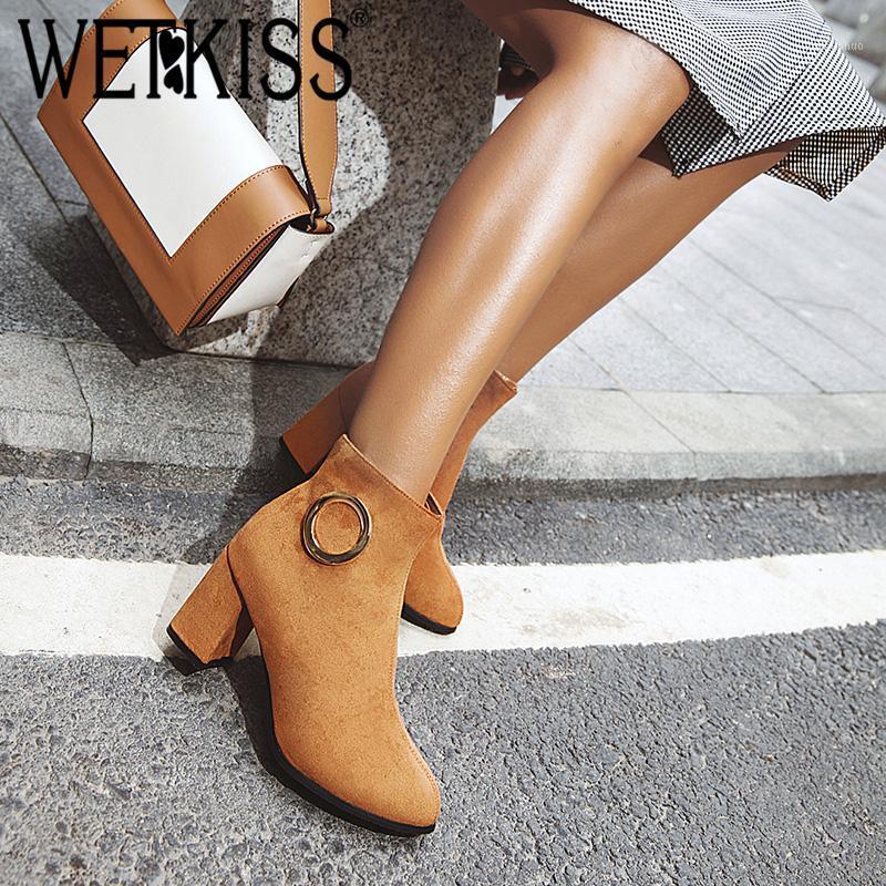 

WETKISS Autumn New Metal Decor Women Ankle Boots Pointd Toe Thick Heel High Shoes Zip Sexy Female Bootie Simple Belt Buckle Boot1, Black