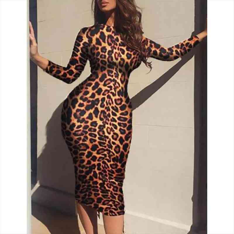 

z45 leopard print bodycon dress round neck long sleeve fit slim dress spring autumn high stretchy party dresses, Black;gray