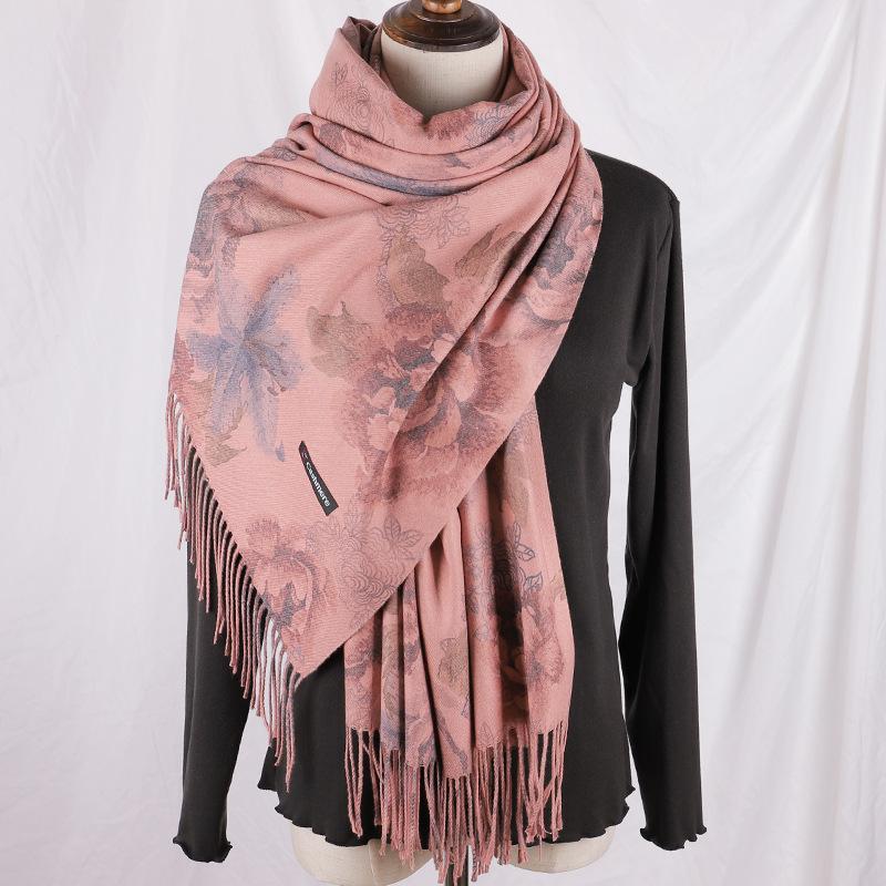 

Hot Selling European And American Autumn And Winter Women's Cashmere Jacquard Scarf With Tassels Thick Double-Sided Shawl