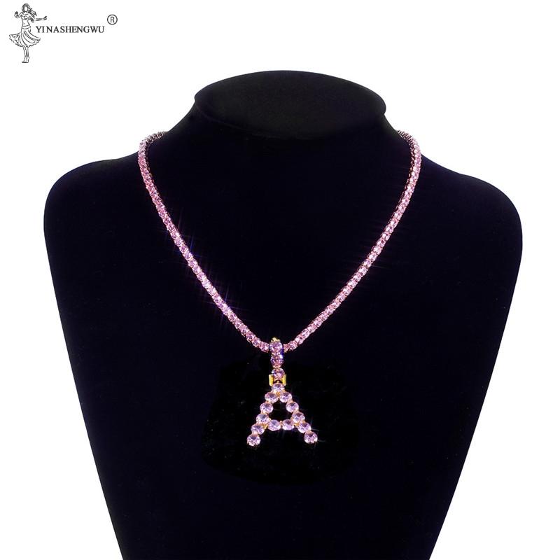 

26 Alphabet Pink Pendant Necklace Tennis Chain Intial Letter Name Man and Woman Cubic Zirconia Hip Hop Punk Jewelry Accessories