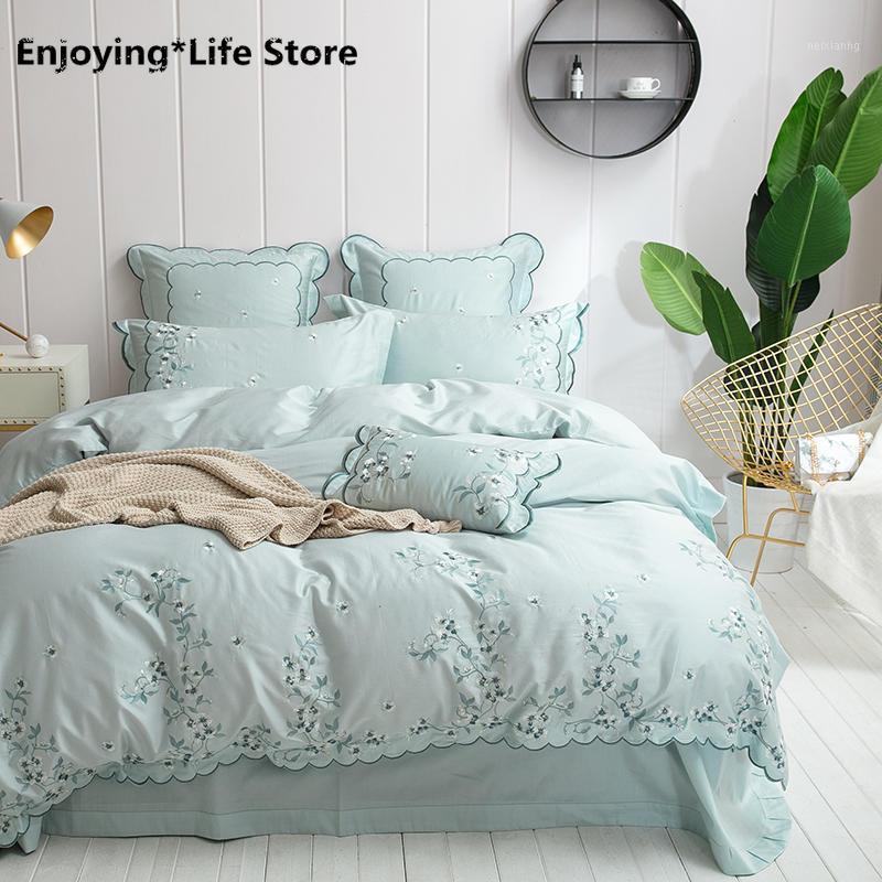

Egyptian Cotton Queen/King Size Design Bedding Set Luxury Green Pink Embroidered Duvet Cover Fitted Bedsheet Set Parure De Lit1, Bedding set 1