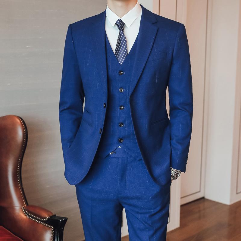 

New Waistcoat Royal Blue Plaid Male Blazer Skinny Three-Piece Tuxedo Groom Suit For Masculine Stage Clothes Men Singers Hot Sale