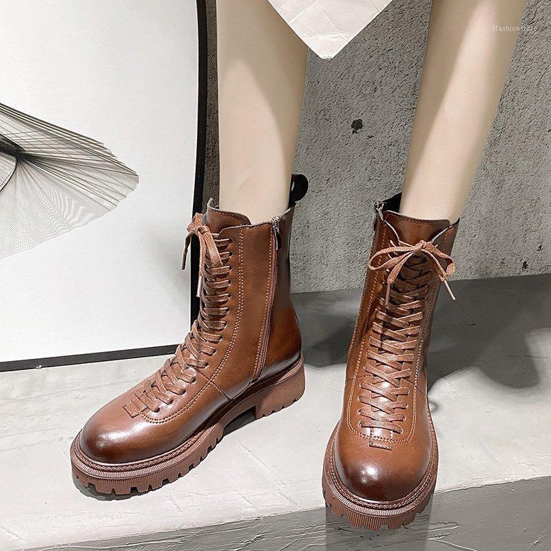 

Rimocy High Quality Pu Leather Ankle Boots for Women Fashion Lace Up Low Heel Booties Woman Black Platform Motorcycle Boots Lady1, Caramel color