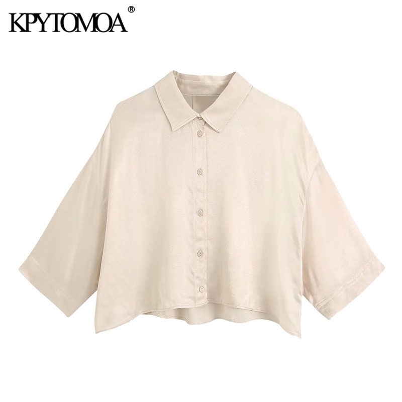

KPYTOMOA Women Fashion Button-up Loose Cropped Blouses Vintage Short Sleeve Cozy Female Shirts Blusas Chic Tops 201201, As picture