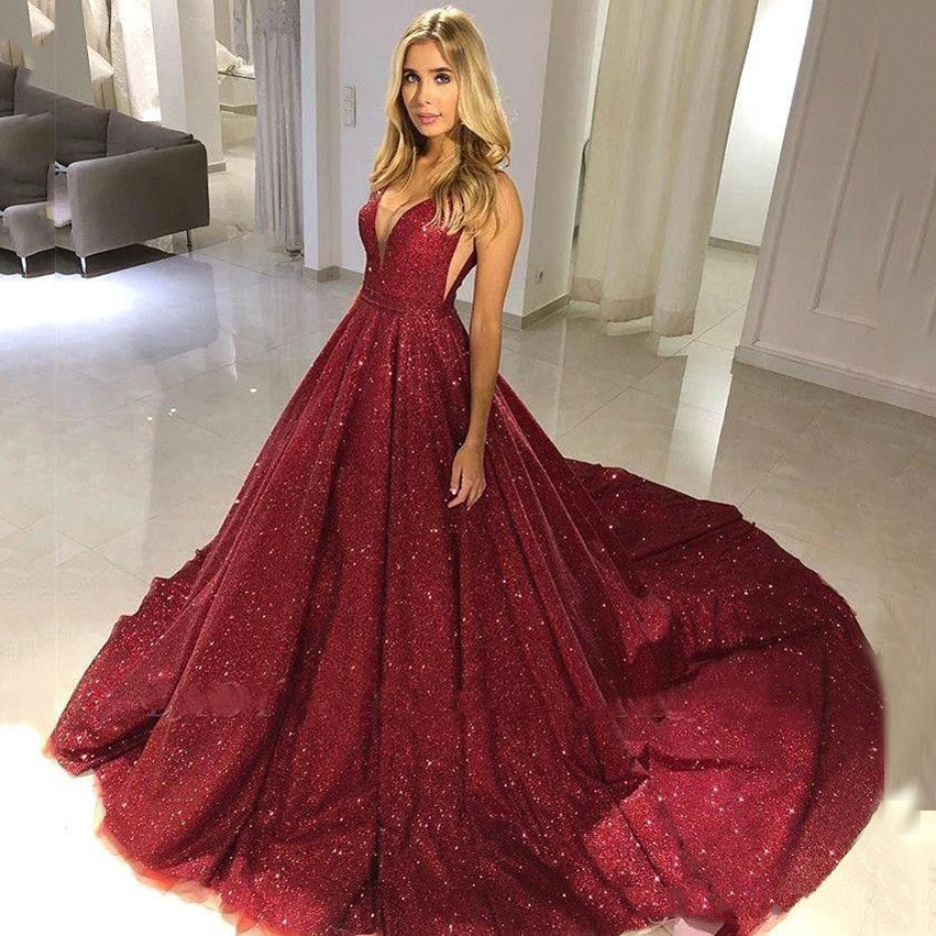 

Burgundy Seqiuns Beads Ball Gown Long Prom Dresses Deep V Neck Court Train Plus Size Formal Evening Party Gowns, Gold