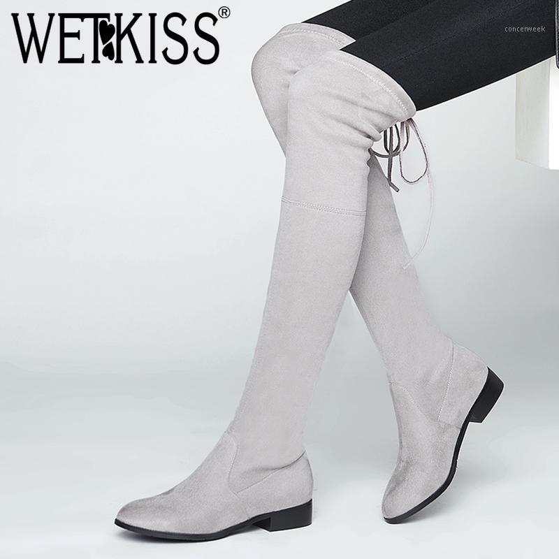 

WETKISS Over The Knee Boots Square Low Heel Woman Stretch Fabric Women Shoes 2020 New Winter Ladies Motorcycle Boots Size 34-431, Khaki