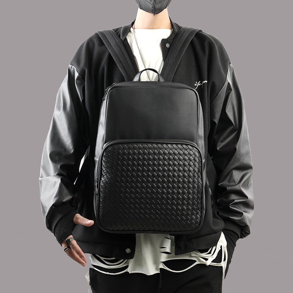 

Factory wholesale men brand shoulder bag outdoor simple casual leather backpacks college wind woven fashion backpack street trend solid color mens handbag, Black-4099