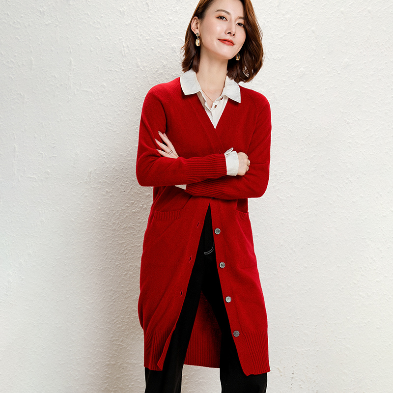 

2021 quality Cardigan 100% Knitted V-cleavage Long Female Winter High Stardard Wool Dress PK87, Dark orange