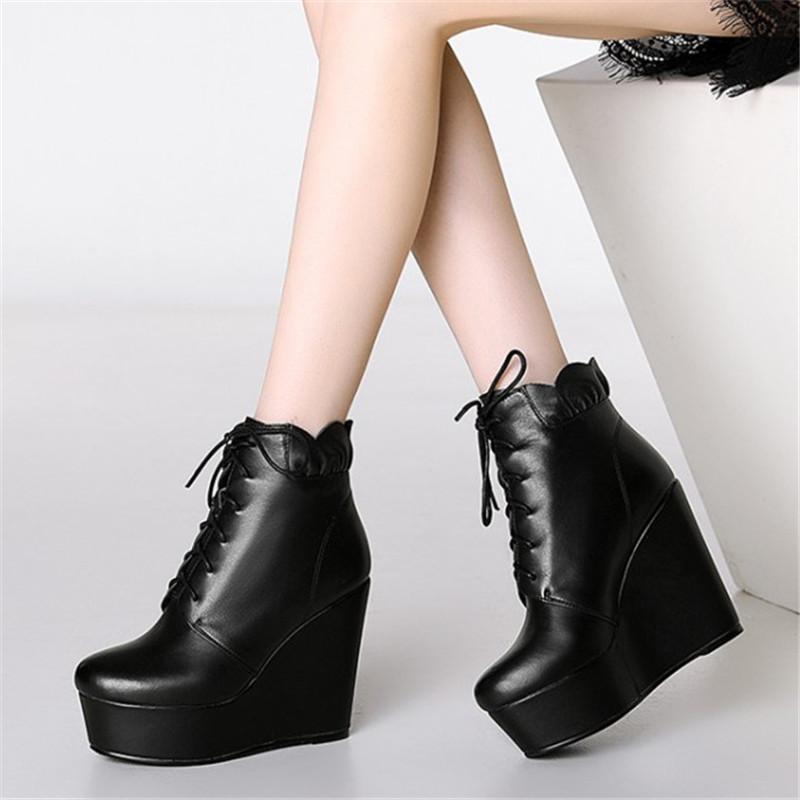 

PXELENA Luxury Fashion Women Ankle Boots Wedge High Heels Patform Genuine Leather Autumn Winter Shoes Party Office Lady Dress, Beige autumn