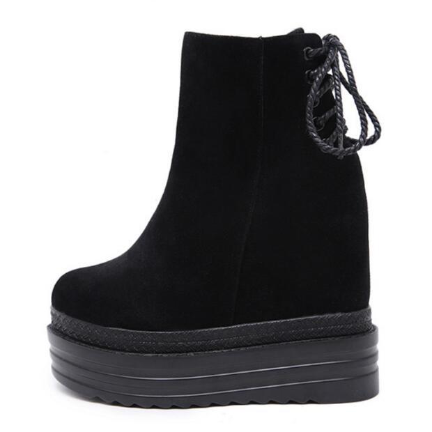 

2CM super high heel wedge short boots muffin thick bottom back strap bow boots, Black