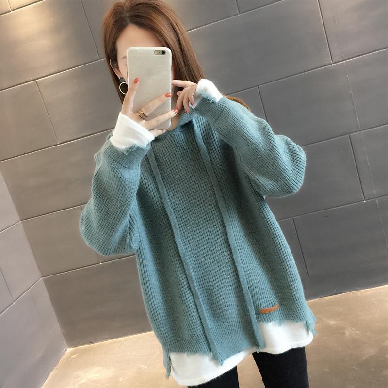 

2021 Autumn Winter New Korean Sweater Women Fashion Round Neck Sweater Loose Hooded Fake Two Long Sleeve Pullover Clothes Y67, Huangse