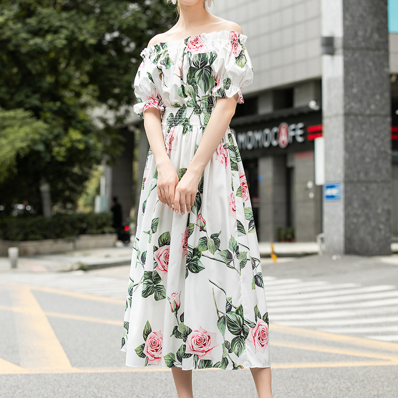 

Runway Retro Printing Sexy Flowers Shoulder Trumpet Sleeves Elegant Thin Stretch Dress High Quality Women Clothes U4zl, Multiple