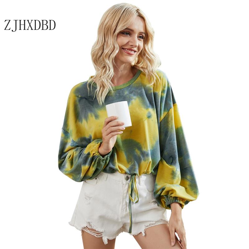 

O-neck Tops for Women Lady Tie Dye Style Print Color Women Blouse 2021 Autumn European Women' Tops Long-sleeved T Shirt Casual, Lanhuang