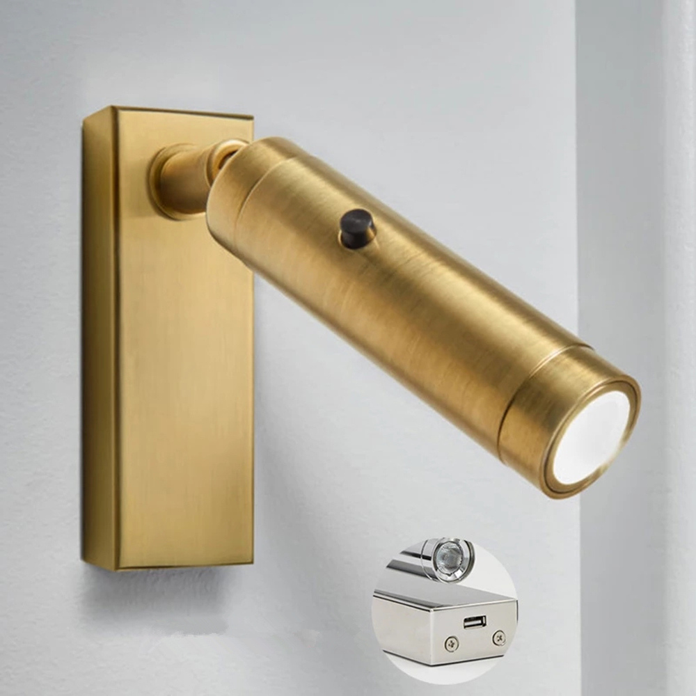 

Topoch Golden Wall Light with Button Switch On-Off LED 3W Narrow Beam Directional Head Built-in Driver USB Charger Bedside Reading Lamp AC10