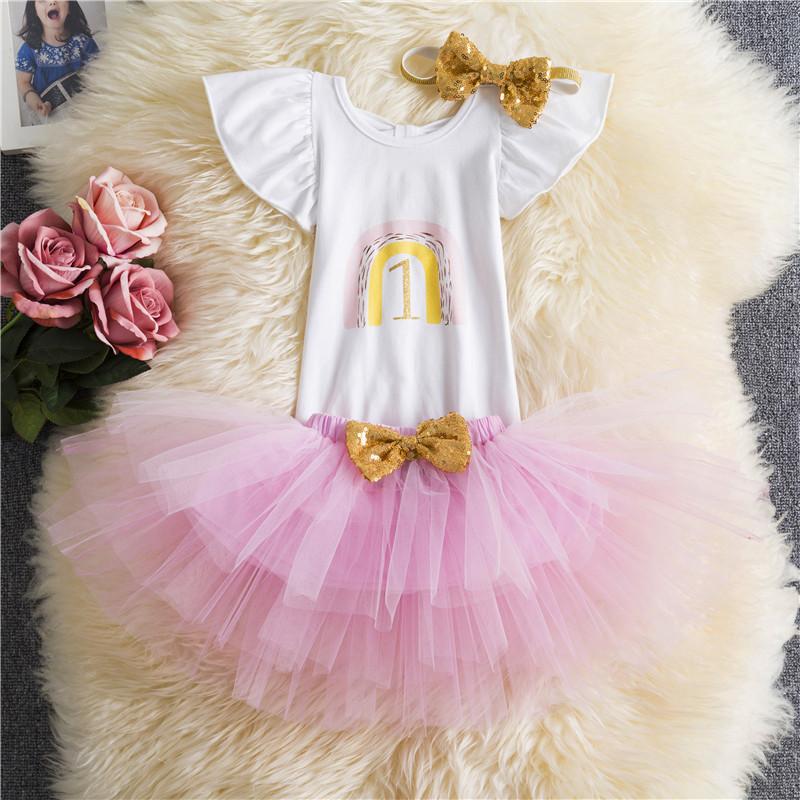 

Clothing Sets Born Baby Girl Clothes Set 1 Year Birthday Dress Outfits Pink Tutu Skirt Romper Headband 3Pcs Infant, White