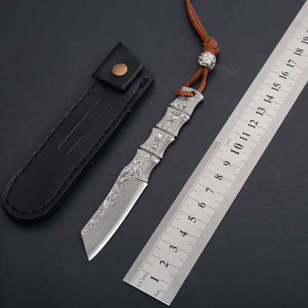 

1Pcs New Small Damascus Fixed Blade Knife VG10 Damascus Steel Tanto Point Blade Full Tang Bamboo Handle With Leather Sheath