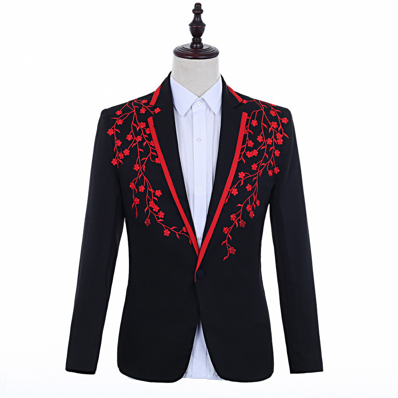 

2020 Embroidered Black Red Patched Men's Fine Tuning Stage Wedding Singer Prom Blazer Guy Dinner Smoke Jacket 3n6d, Picture color