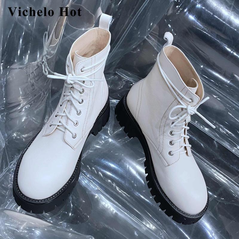 

Vichelo Hot concise style real cow leather fashion boots all-match round toe thick med heel lace up beauty lady ankle boots L301, Black