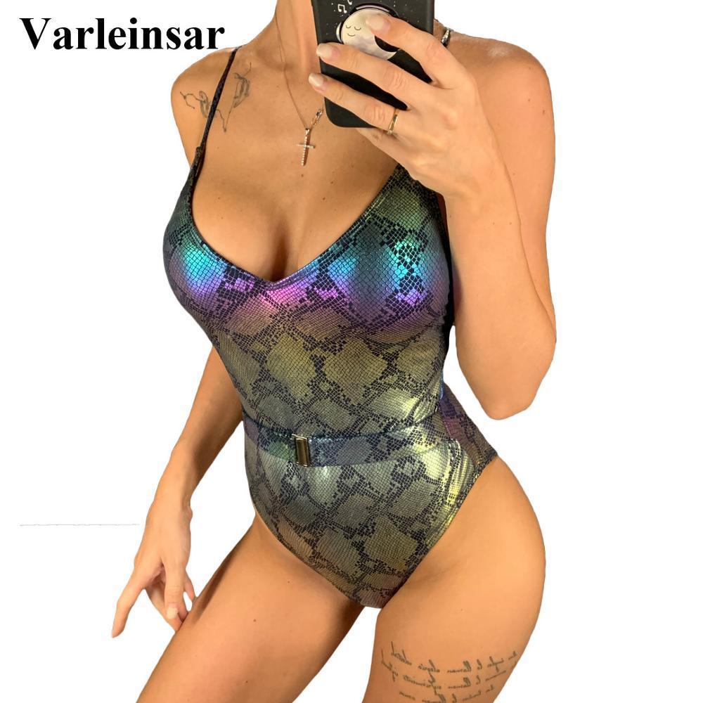 

Sexy V Neck Shiny Sparkle One Piece Swimsuit Women Swimwear Female Bather With Belt Bathing Suit Swim Beach Monokini V1831 Y200319, White