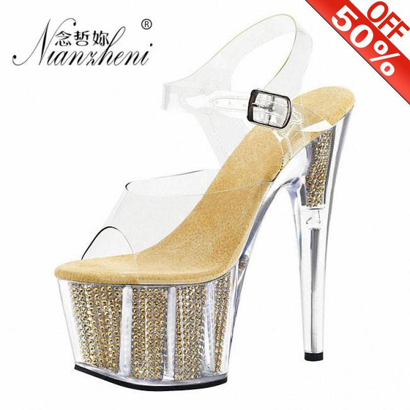 

6 inch Women Summer Platform Stiletto High-heeled thin heels 15cm banquet wedding dress banquet shoes crystal large size sandals, Gold