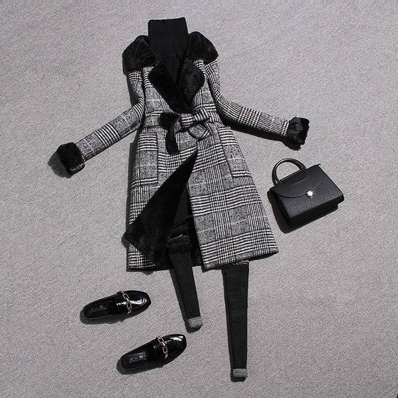 

Woolen Outerwear Winter Plus Velvet Lapel Women Woolen Coat Medium long Plaid Casual Slim Belt Women' Coat JK288, Gray