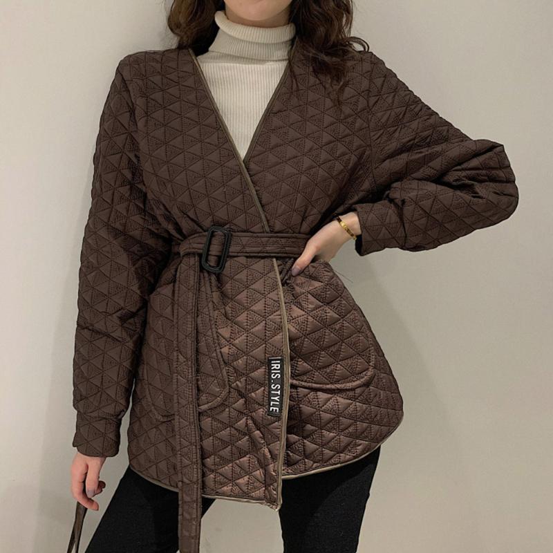 

Down Jacket Fashionable Slim Women 2020 Cotton Padded Female Autumn Winter Belt Solid Color Parkas Coat Warm Outwear, Black