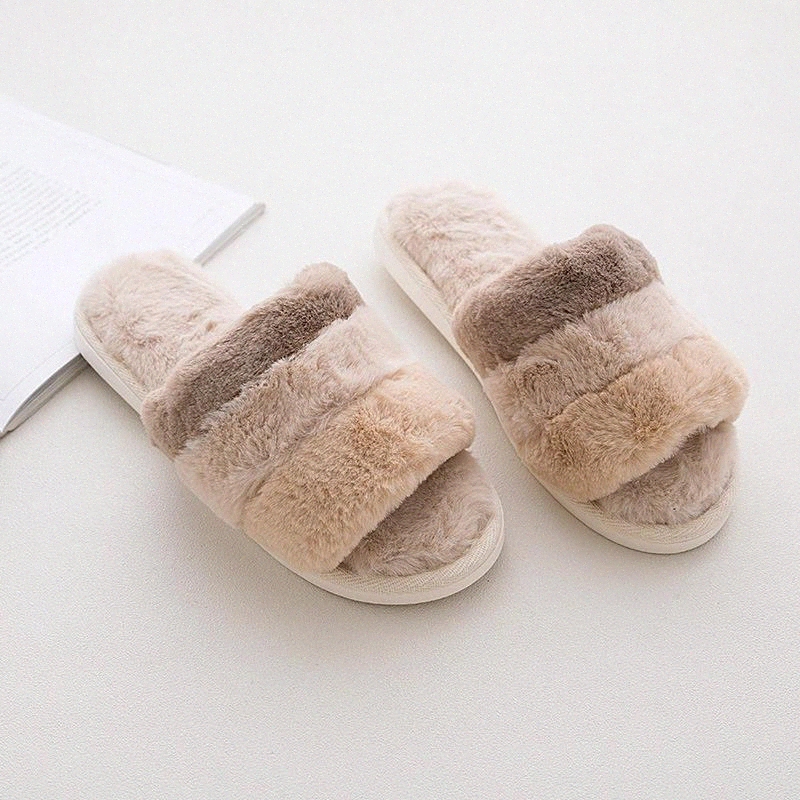 

Women Home Slippers Winter Warm Shoes Woman Slip on Flats Slides Female Faux Fur Slippers 2020 Wholesale Indoor #YZ4v, Beige